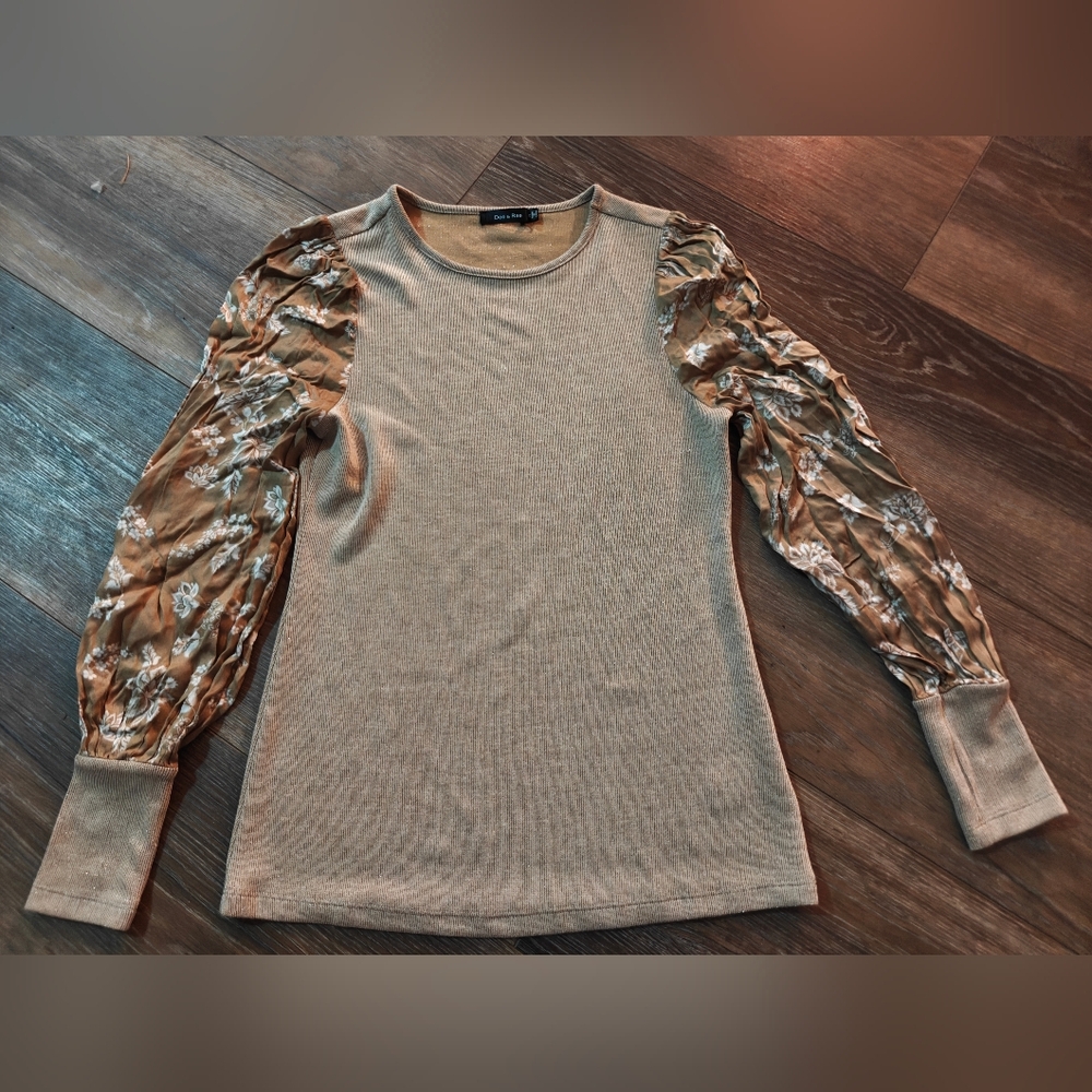 Elegant Tan Top with Patterned Sleeves